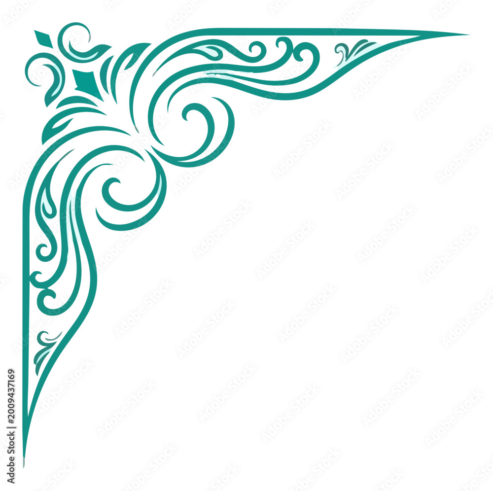 Fototapeta premium Teal corner flourish graphic, with stylized swirls and leaves, on a white background