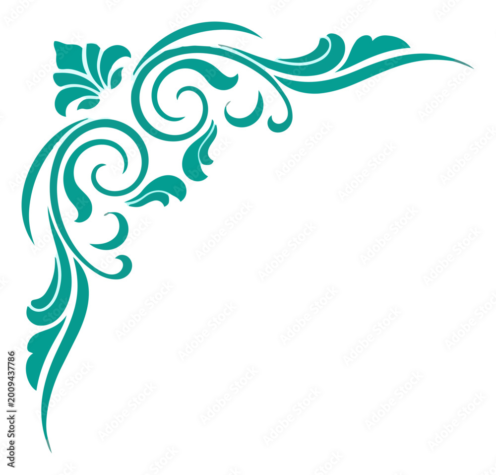 Fototapeta premium Teal corner flourish graphic on a white background, featuring swirls and floral elements