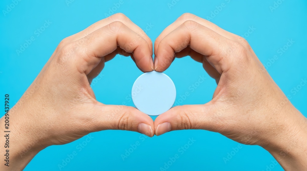 Fototapeta premium Human hands creating a heart shape around a light blue circular token, symbolizing protection, care, love, and support against a vibrant blue backdrop