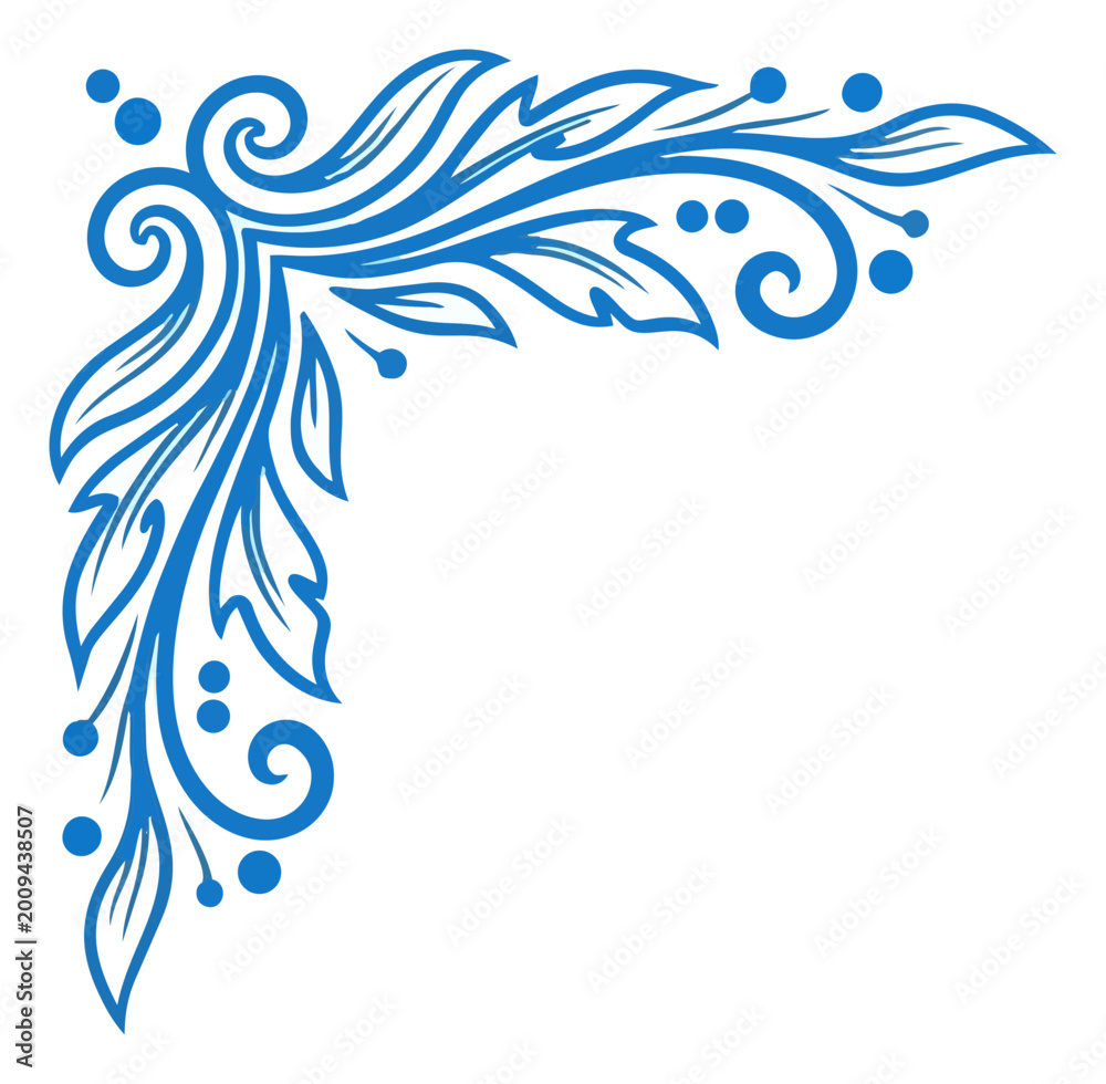 Fototapeta premium An ornate blue corner design featuring floral and swirling elements on a white background