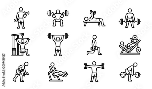 Konstfotografi Workout and bodybuilding line icon pack editable stroke gym fitness vector icons