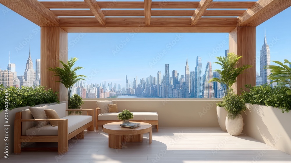 Fototapeta premium Modern rooftop terrace with wooden furniture, city skyline view, urban living space, bright daylight, contemporary design, relaxing atmosphere