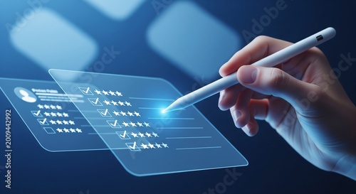 Hand using stylus on futuristic survey interface with star ratings and checkboxes, digital concept