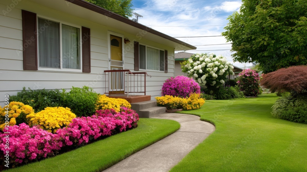 Obraz premium Charming suburban home with vibrant flower beds and lush green lawn, showcasing colorful landscaping and an inviting front porch in sunny weather