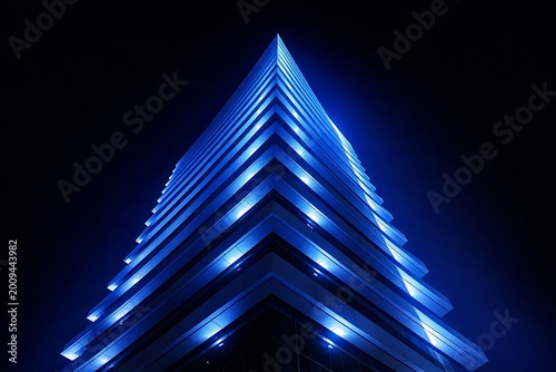 Illuminated Modern Skyscraper at Night with Blue Lights