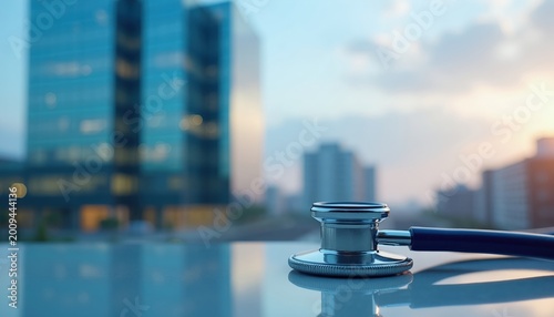 Stethoscope on a reflective surface with blurred modern city buildings in background. Medical concept with urban healthcare facilities, clean and professional.