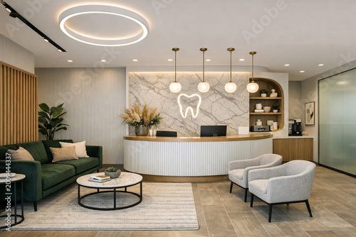 Comfortable and stylish dental office with contemporary furnishings and lighting.