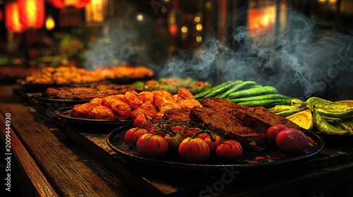 Delicious teppanyaki dishes in vibrant Chinese market showcase grilled meats and fresh vegetables creating inviting atmosphere