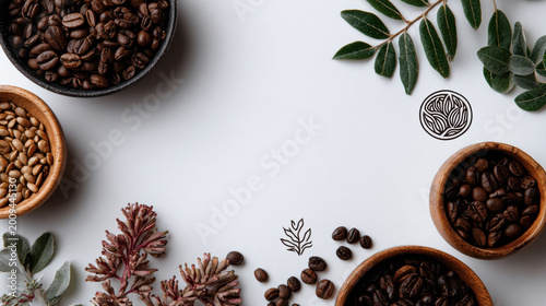 Freshly roasted coffee beans and seeds arranged beautifully in wooden bowls surrounded by green leaves create serene atmosphere