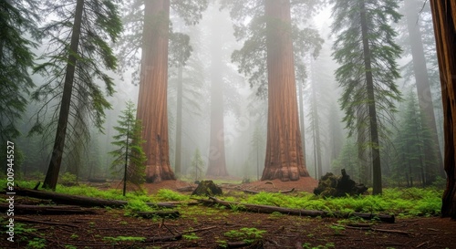 Massive sequoia trees standing in quiet ancient national park forest with rolling fog creating mystical serene landscape full of natural grandeur and silence