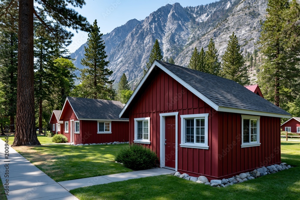 Obraz premium Charming red cabins amidst majestic mountains and pine trees in serene landscape