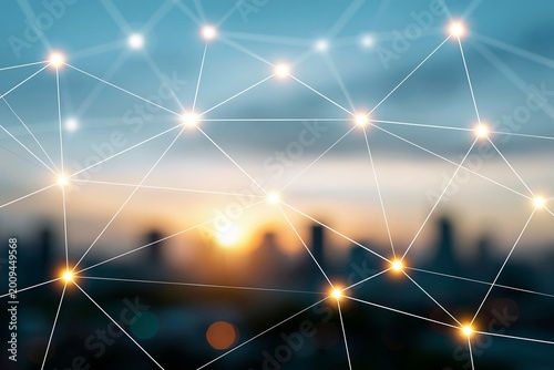 Abstract network with glowing nodes against city skyline at sunset
