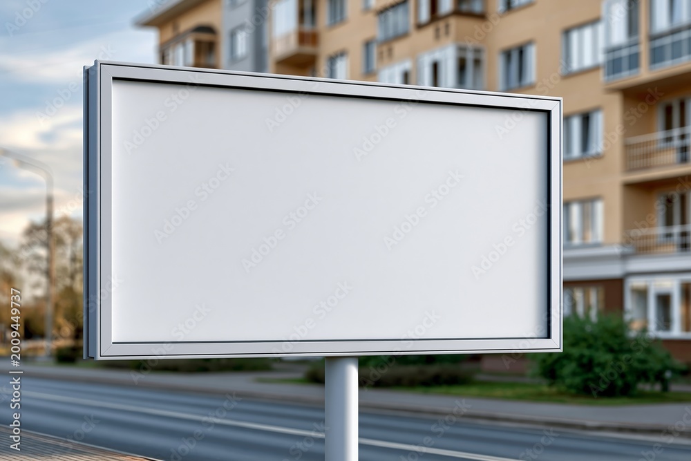 Obraz premium Blank billboard on urban street with apartment buildings in background