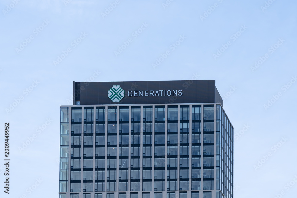Fototapeta premium Toronto, Ontario, Canada - April 26, 2026: Generations logo and sign on the building on Moriyama Drive, Toronto, Ontario, Canada. Generations Toronto is a not-for-profit, inter-generational community