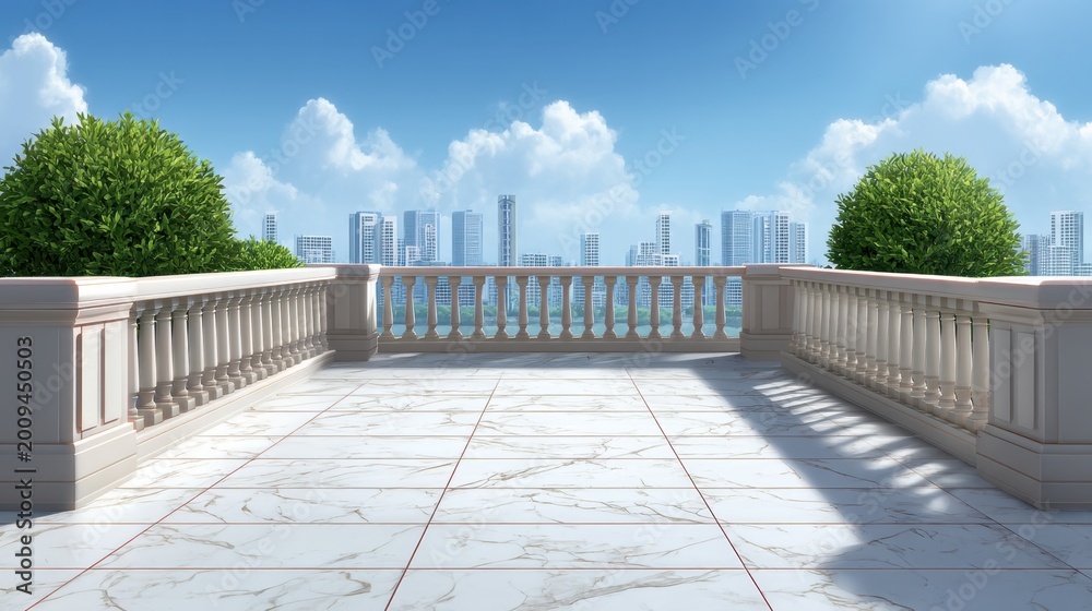 Naklejka premium Modern balcony with stunning city view, elegant marble floor, green bushes, and bright blue sky, perfect for serene relaxation or artistic inspiration