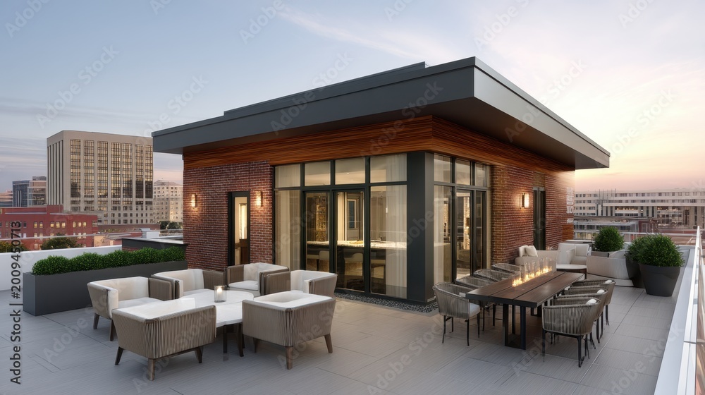 Fototapeta premium Modern rooftop terrace with stylish seating, a dining area, and city views at sunset, perfect for urban lifestyle and luxury living photography