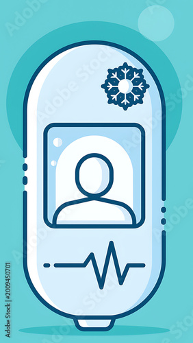 Digital Health Monitor Device with Patient Icon and Heartbeat.