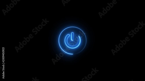 A vibrant blue neon power button symbol glowing brightly with a soft halo effect against a deep black background signifying digital activation and modern technology