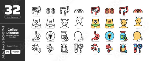 Obraz na plátně Celiac Disease Icon Set Collection Colored Outline Line Art Style