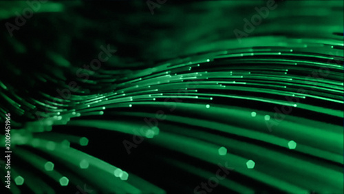 Photos An abstract digital wallpaper featuring green and blue fiber optic lines that gl
