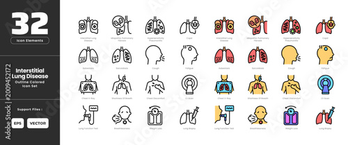 Tableau sur toile Interstitial Lung Disease Icon Set Collection Colored Outline Line Art