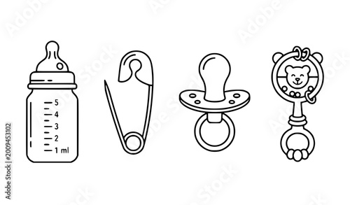 Tableau sur toile Clean black and white outline vector baby nursery icons illustration set simple