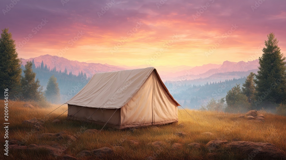 Obraz premium Serene Camping Tent Amidst Lush Greenery and Majestic Mountain Range During Colorful Sunset Sky in Nature Landscape