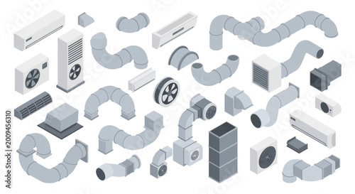 Isometric HVAC Ductwork and Air Conditioning Components Collection.
