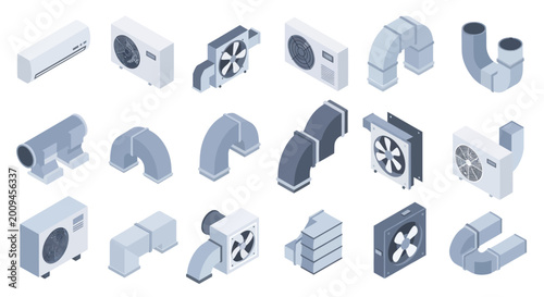 Isometric HVAC System Components and Air Duct Ventilation Icons Set.