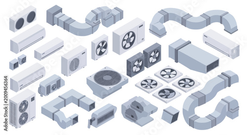Isometric HVAC System Components and Ventilation Ductwork Collection.