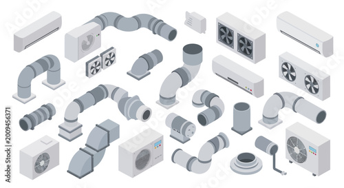 Isometric HVAC System Components and Ventilation Ductwork Set.