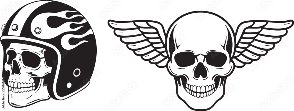 Fototapeta premium Motorcycle helmet skull and winged skull graphic design for biker apparel and tattoo inspiration set.