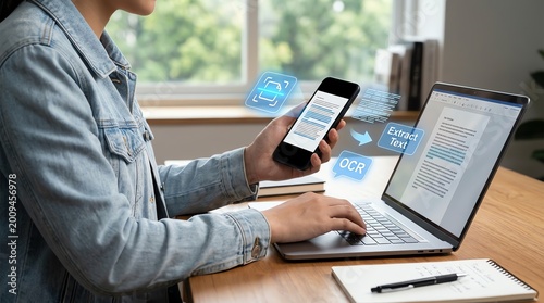 Professional utilizing smartphone for document scanning and OCR technology, converting paper files to digital and enhancing workflow on laptop