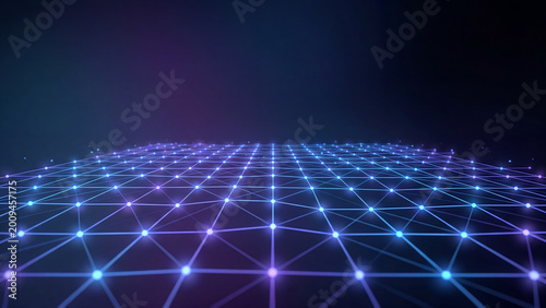 Futuristic network grid with glowing blue and purple nodes on dark background
