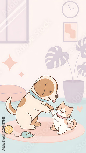 Dog and cat playing together happily.