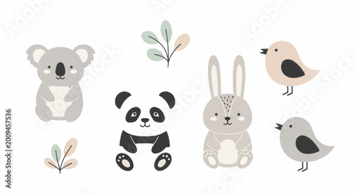 Canvas Print Adorable Koala, Panda, Rabbit, and Birds Illustrations for Childrens Designs