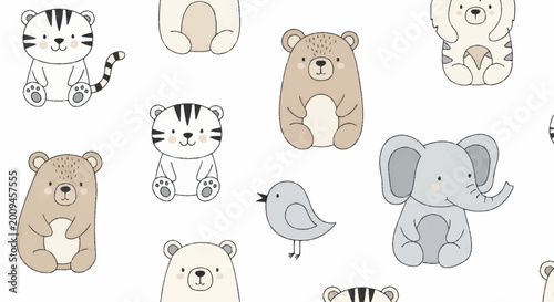 Valokuva Adorable Seamless Pattern with Hand-Drawn Baby Animals.