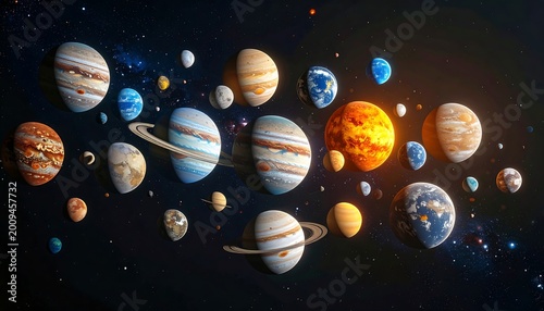 Vivid display of the solar system's planets floating in space, showing unique colours and textures, against a backdrop of countless stars