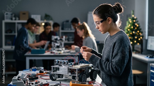 Young female student building a robot in a science and technology classroom