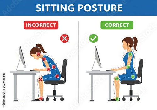 Comparison diagram shows the difference between incorrect and correct sitting posture for office workers.