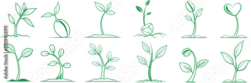 Quadro su tela Green plant growth icons set showing sprouting seedlings and leafy stages in simple line style