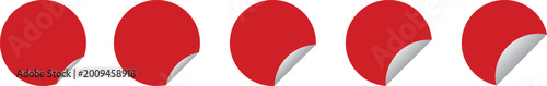 Red sticker circle set with peeling corner effect showing realistic curled edges for labels and badges. Minimal glossy round shapes ideal for sale tags, branding, and promotional designs. Clean vector