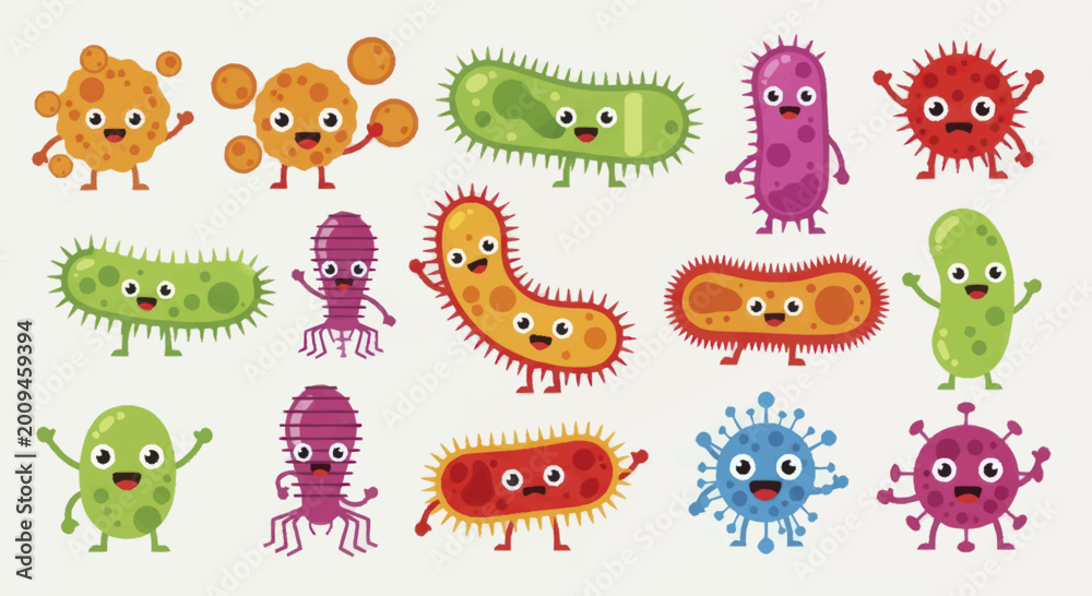 Obraz premium Collection of Adorable Cartoon Bacteria and Microbes with Happy Faces.