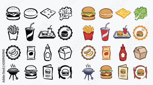 Obraz na płótnie Set of icons and illustrations representing fast food items and meals, including burgers, fries, and drinks