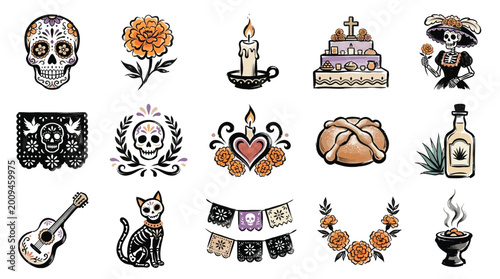 Foto Day of the Dead Icons Collection: Sugar Skulls, Marigolds, and Traditional Symbols