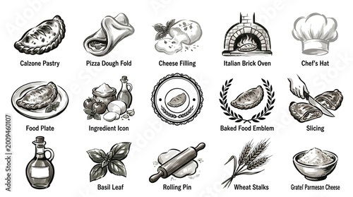 Cuadro en lienzo Collection of hand-drawn icons representing ingredients and tools for making pizza and Italian food