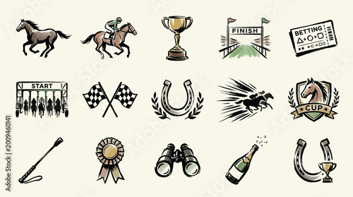 Foto Collection of hand-drawn horse racing icons including jockeys, horses, trophies, and starting gates