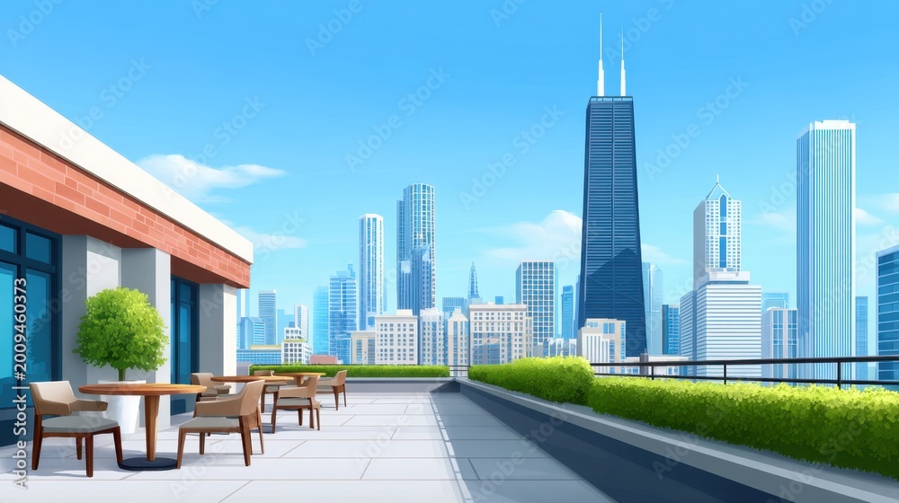 Fototapeta premium Modern Rooftop Terrace with Cityscape View and Stylish Furniture Under Clear Blue Sky