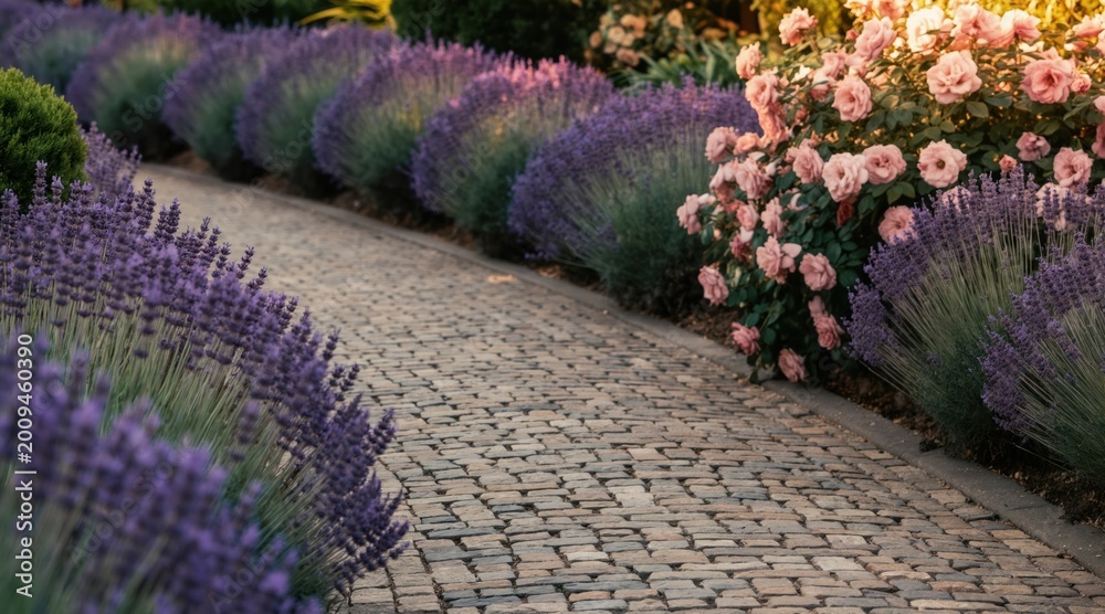 Fototapeta premium Cobblestone garden path curves between rows of purple lavender, blooming pink roses. Sunlight filters through rich green plants, creating peaceful, aromatic summer scene. Tranquil oasis invites