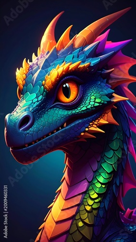 Vivid, friendly dragon portrait. Close-up shows a detailed head and shoulder view against a dark blue backdrop, with vibrant scales